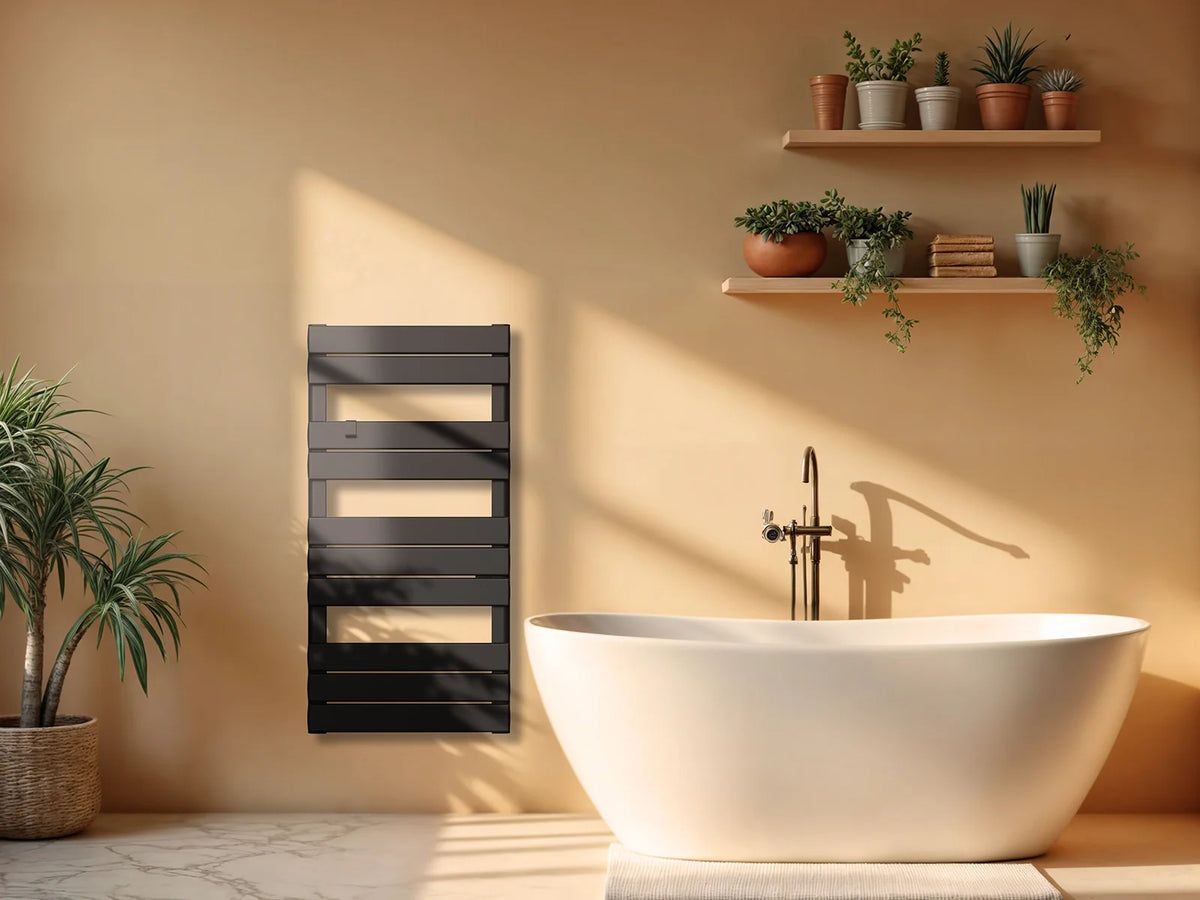 ANIS BLACK dry-inertia towel radiator in a styled bathroom