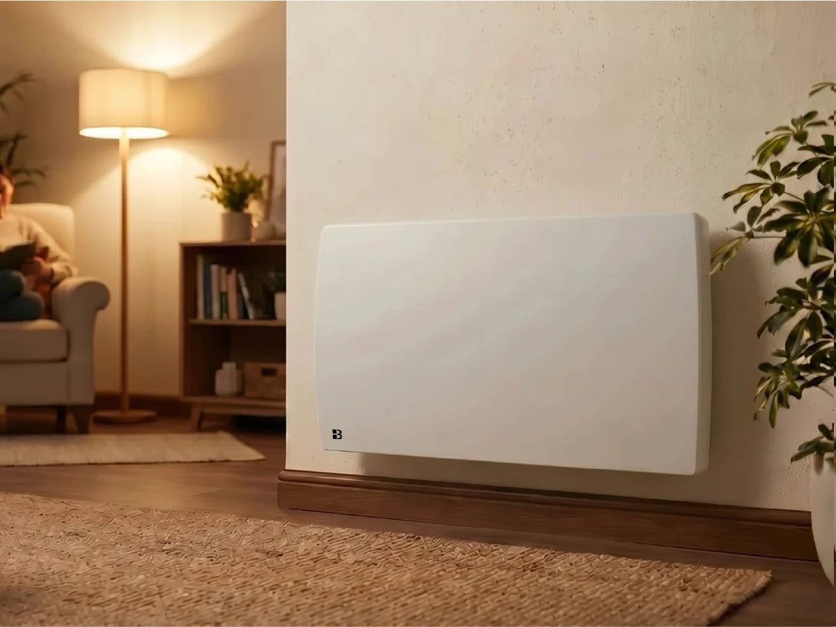 ARIA WHITE ceramic dry inertia radiator in a modern, cozy living room