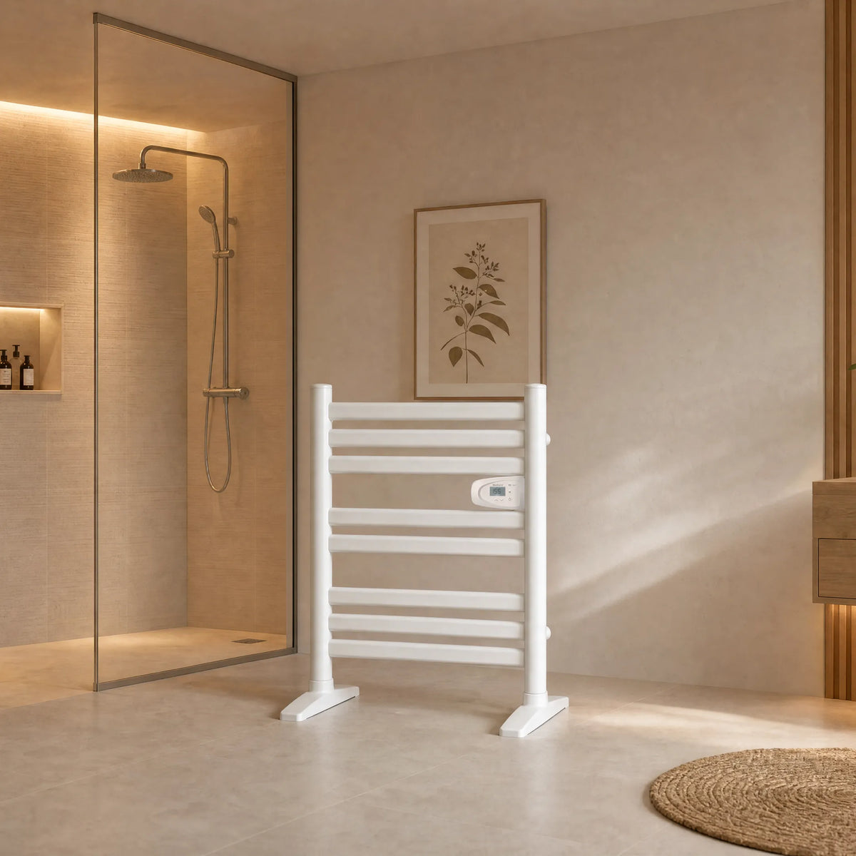 Toallero eléctrico DONA blanco en un baño moderno