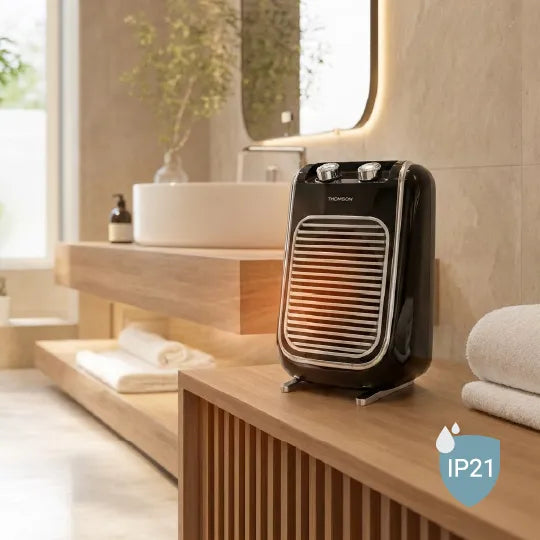 Chauffage d'appoint soufflant FIFTY noir dans une salle de bain. Icône IP21