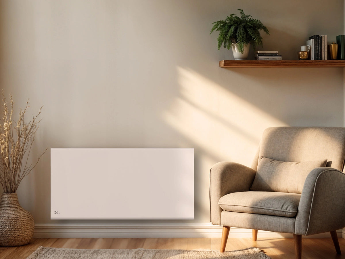 Radiador de inercia seca de doble núcleo cerámico + película calefactora FREYA en un ambiente decorado