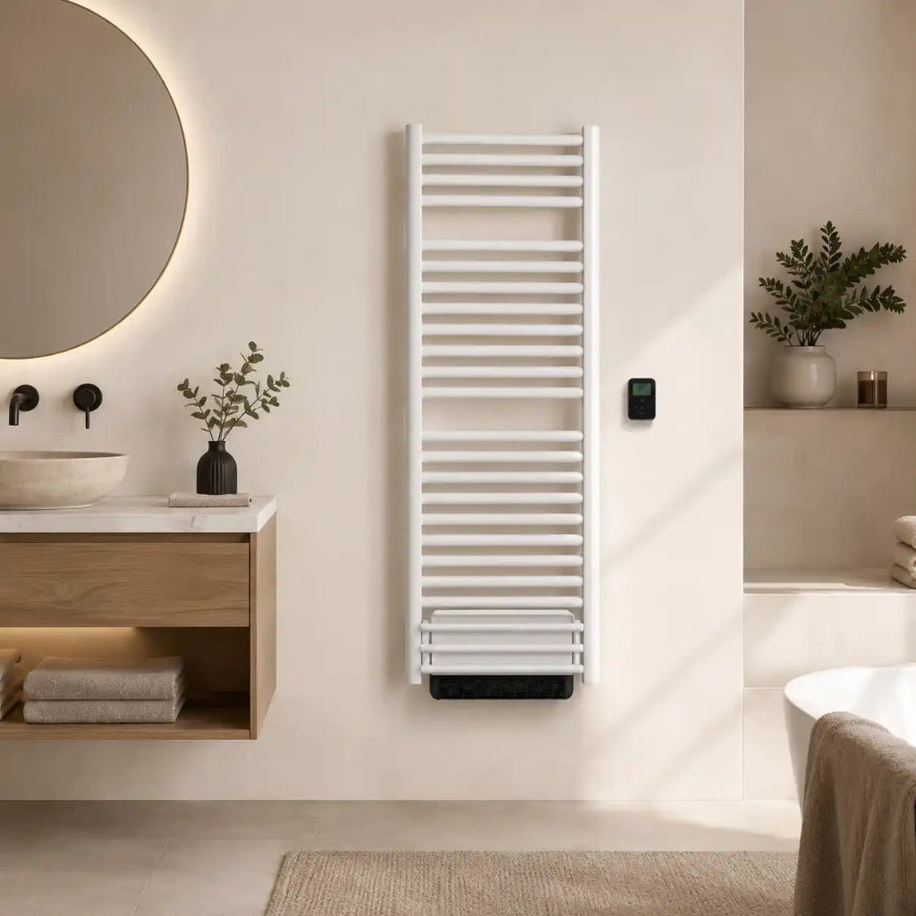 Sèche serviettes HESTIA BLANC 750+1000W dans une salle de bain d'ambiance