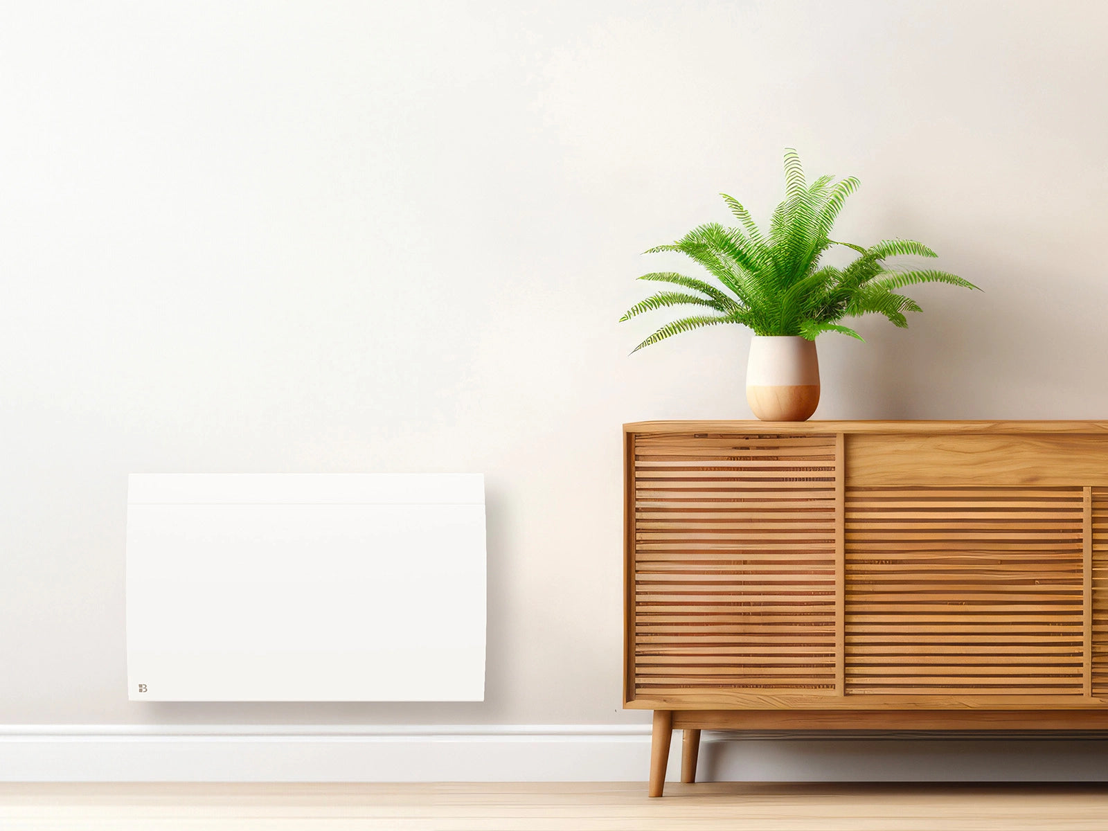 ILLO CONNECT connected ceramic dry-inertia radiator in a living room setting