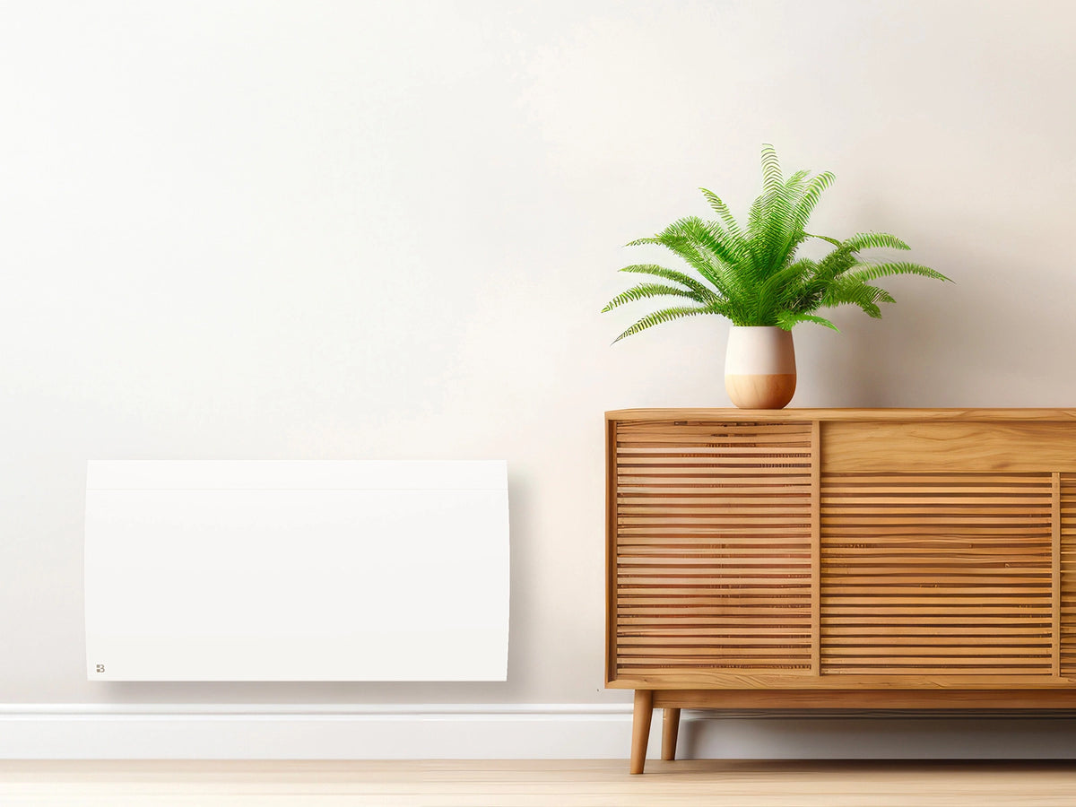 ILLO CONNECT connected ceramic dry-inertia radiator in a living room setting
