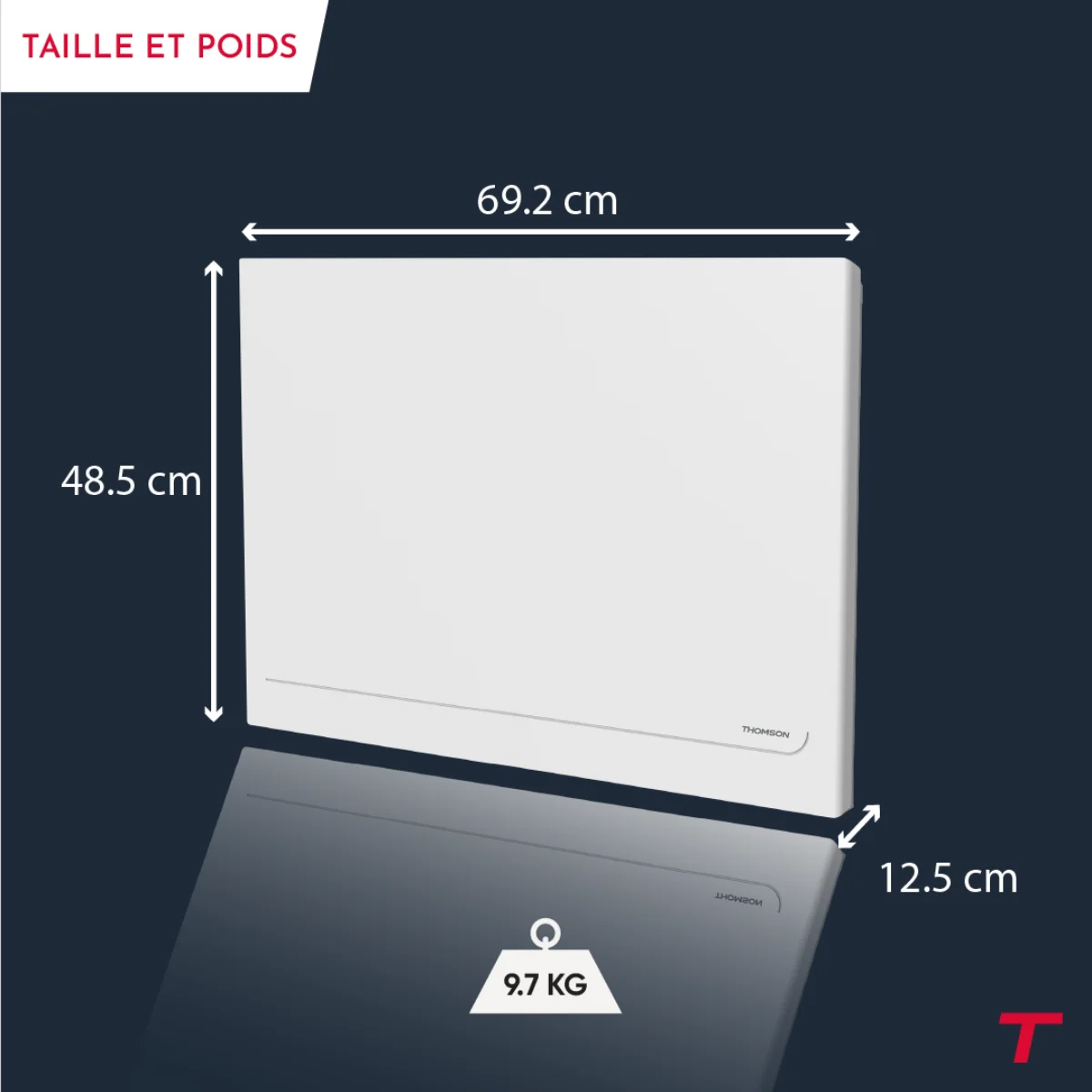 Dimensions et garanties du radiateur électrique MILLA 1000W de la marque Thomson