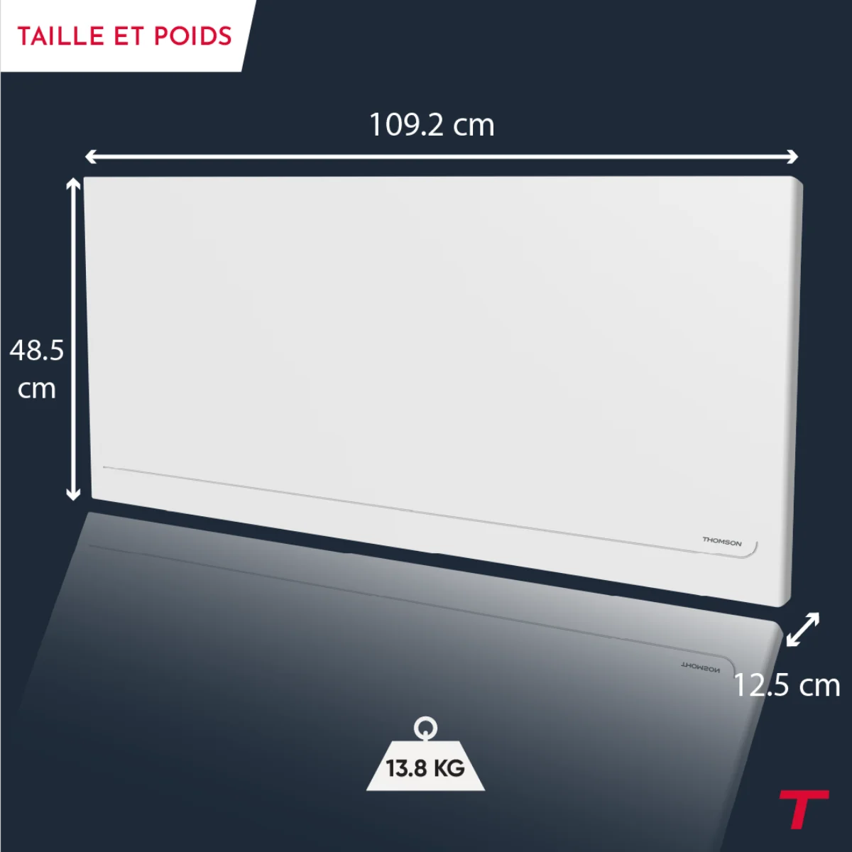 Dimensions et garanties du radiateur électrique MILLA 2000W de la marque Thomson