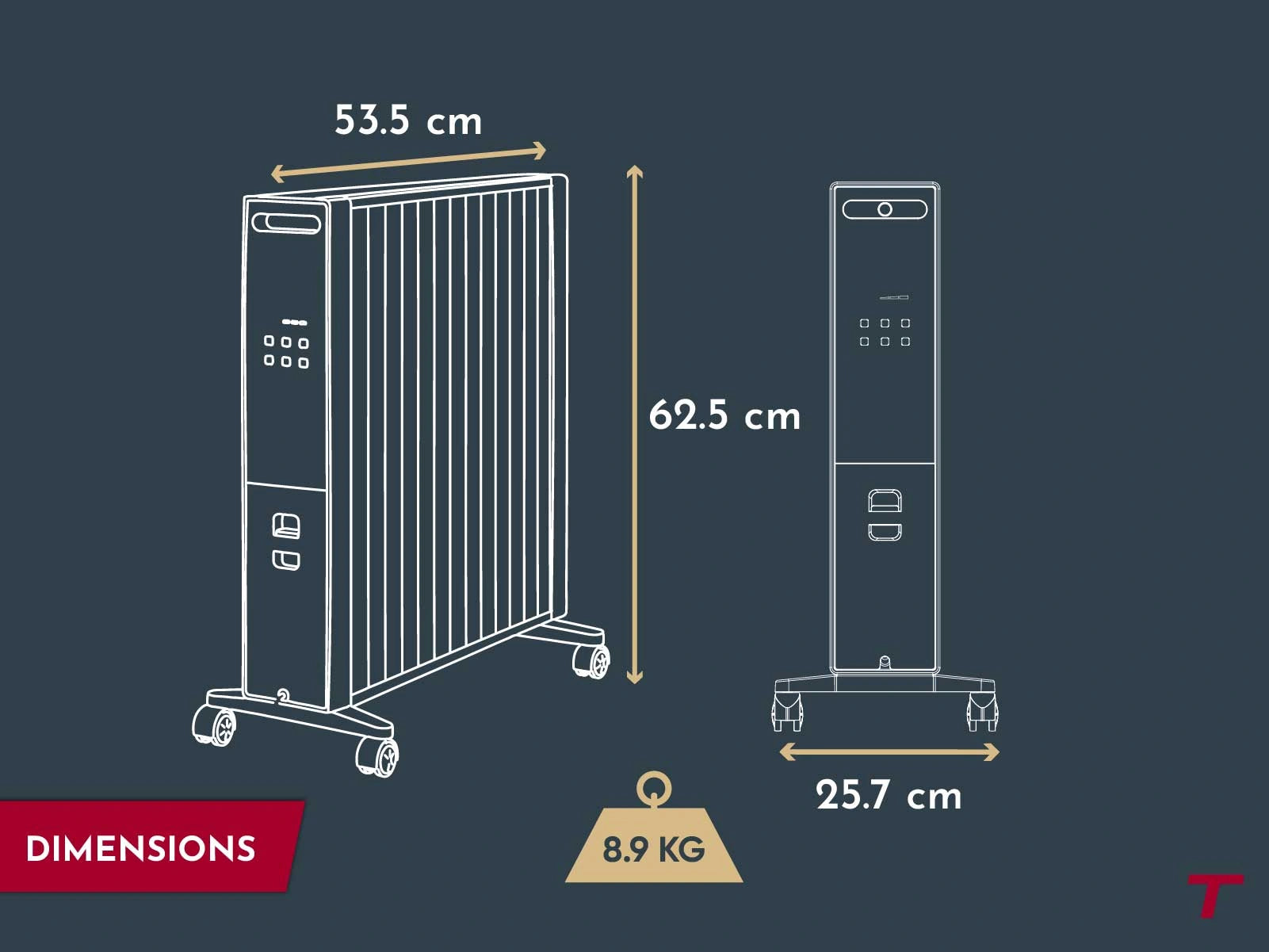 Dimensions and weight of the MILLO 2000W portable heater