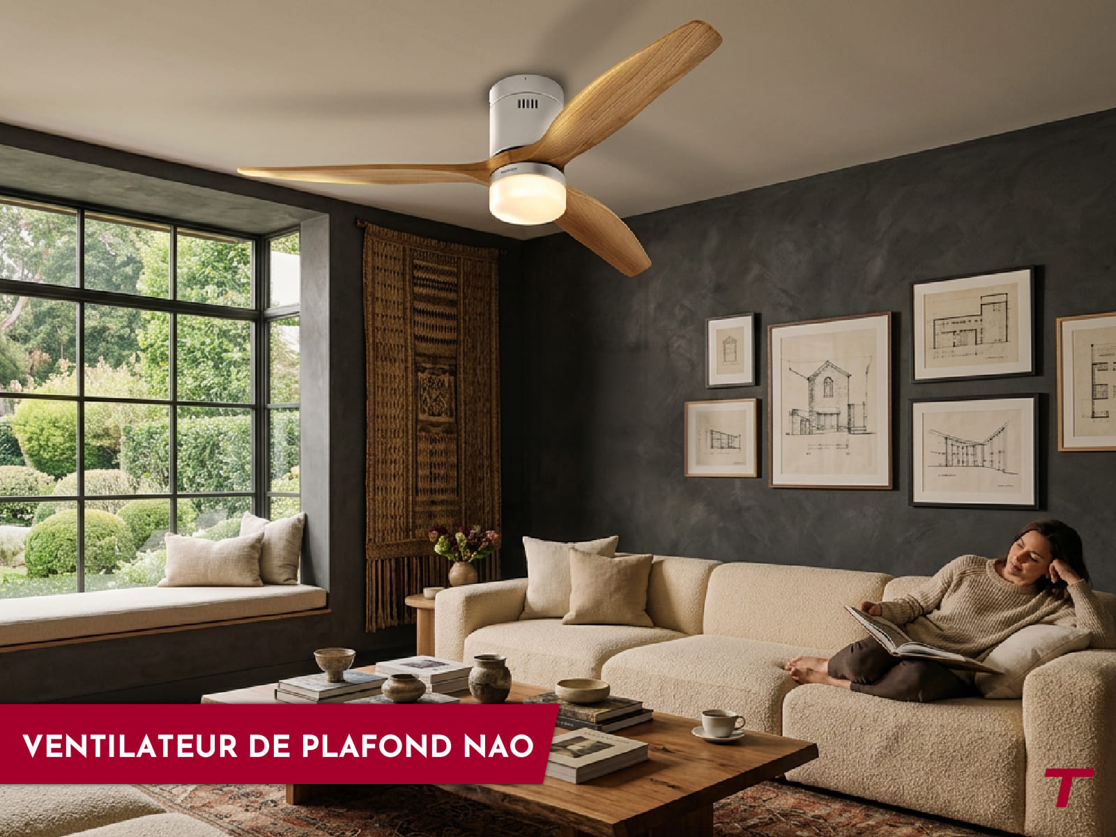 Salon moderne aux teintes hivernales avec ventilateur de plafond NAO