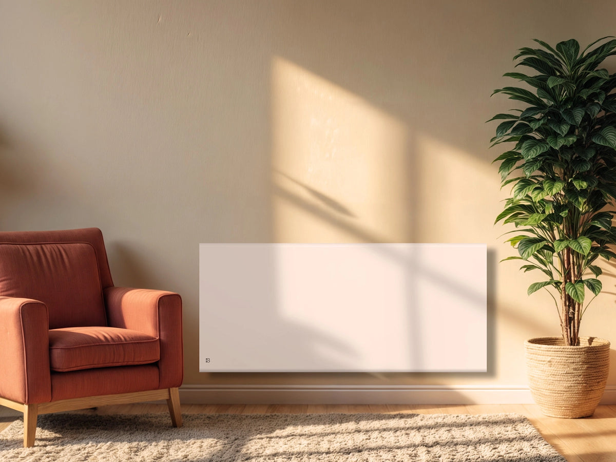 Radiateur à inertie sèche double cœur fonte + film chauffant NEMESIS dans un salon d'ambiance