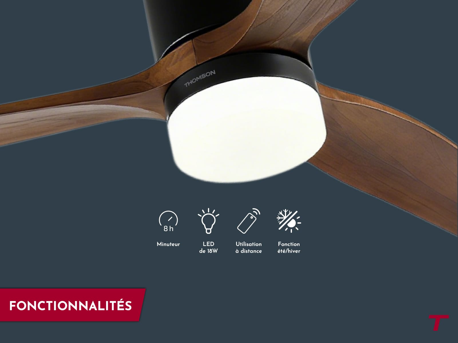 Ventilateur de plafond NERO avec pictogrammes minuterie, LED 18W, télécommande et fonction été hiver
