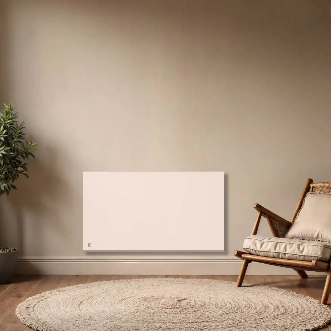 Radiateur électrique à inertie sèche céramique WiFi NESSA CONNECT Bestherm installé dans un salon moderne avec thermostat connecté programmable
