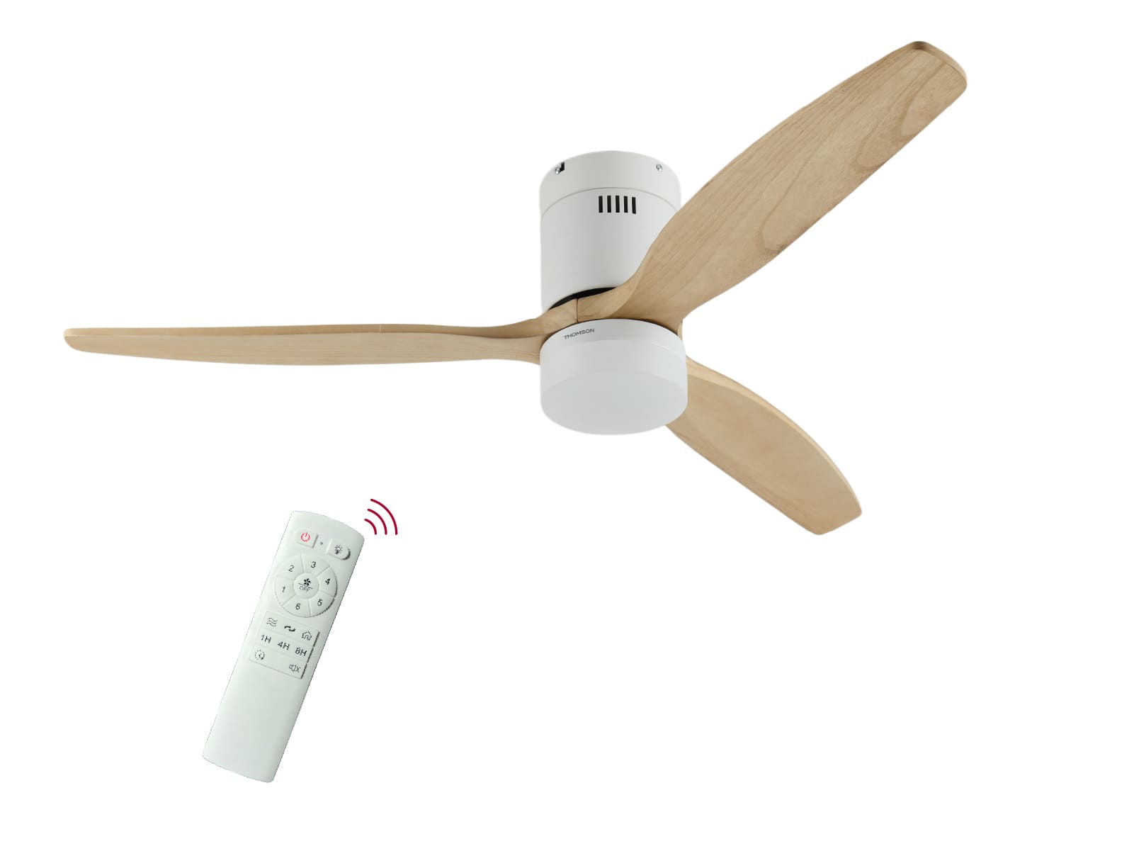 Ventilateur de plafond OLIA avec télécommande sur fond blanc