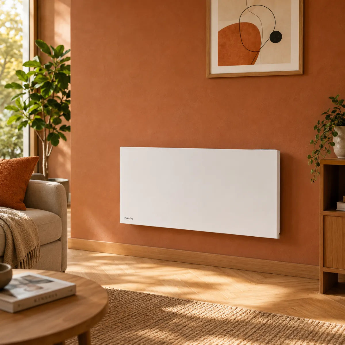 Radiatore connesso a inerzia secca in ceramica ORPHÉE CONNECT in un soggiorno caldo e moderno