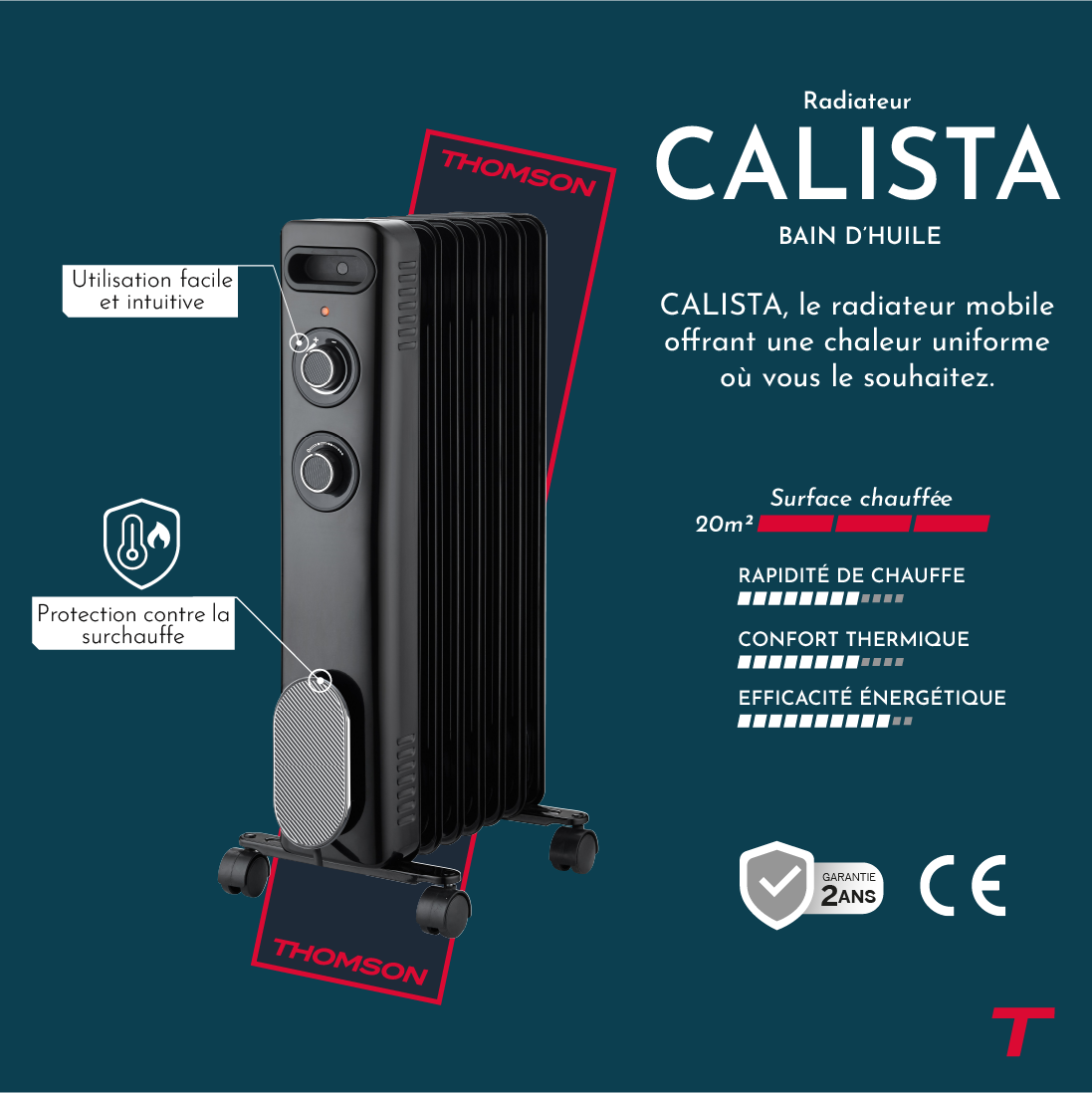 Radiateur CALISTA noir de 2000W de la marque Thomson avec ses technologies
