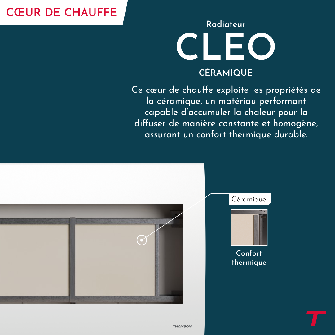 Radiateur électrique CLEO de 1500W de la marque Thomson avec focus sur le cœur de chauffe en céramique.
