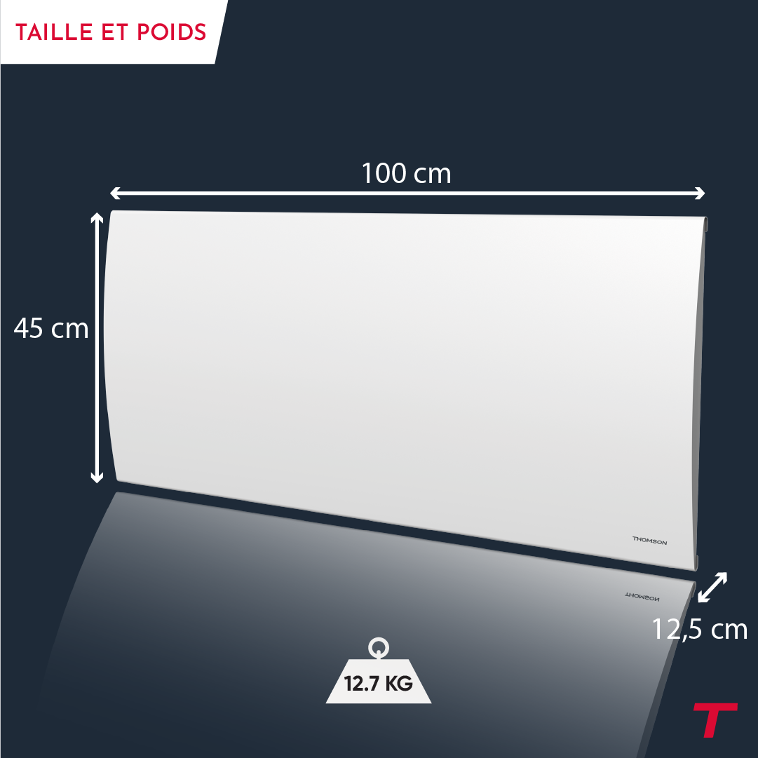 Radiateur CLEO de la marque Thomson de 2000W avec ses dimensions.