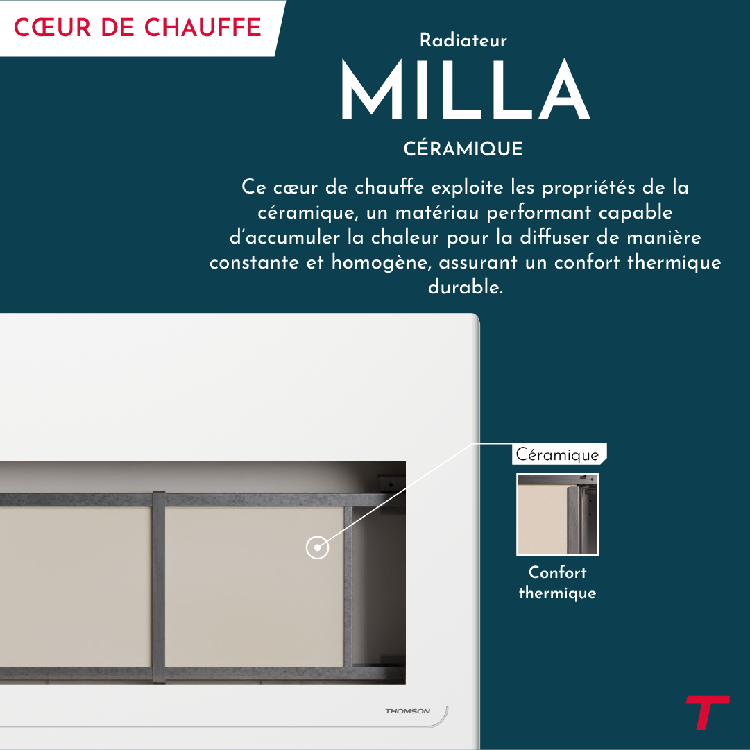 Radiateur électrique MILLA de la marque Thomson 1000W avec focus sur le cœur de chauffe en céramique.