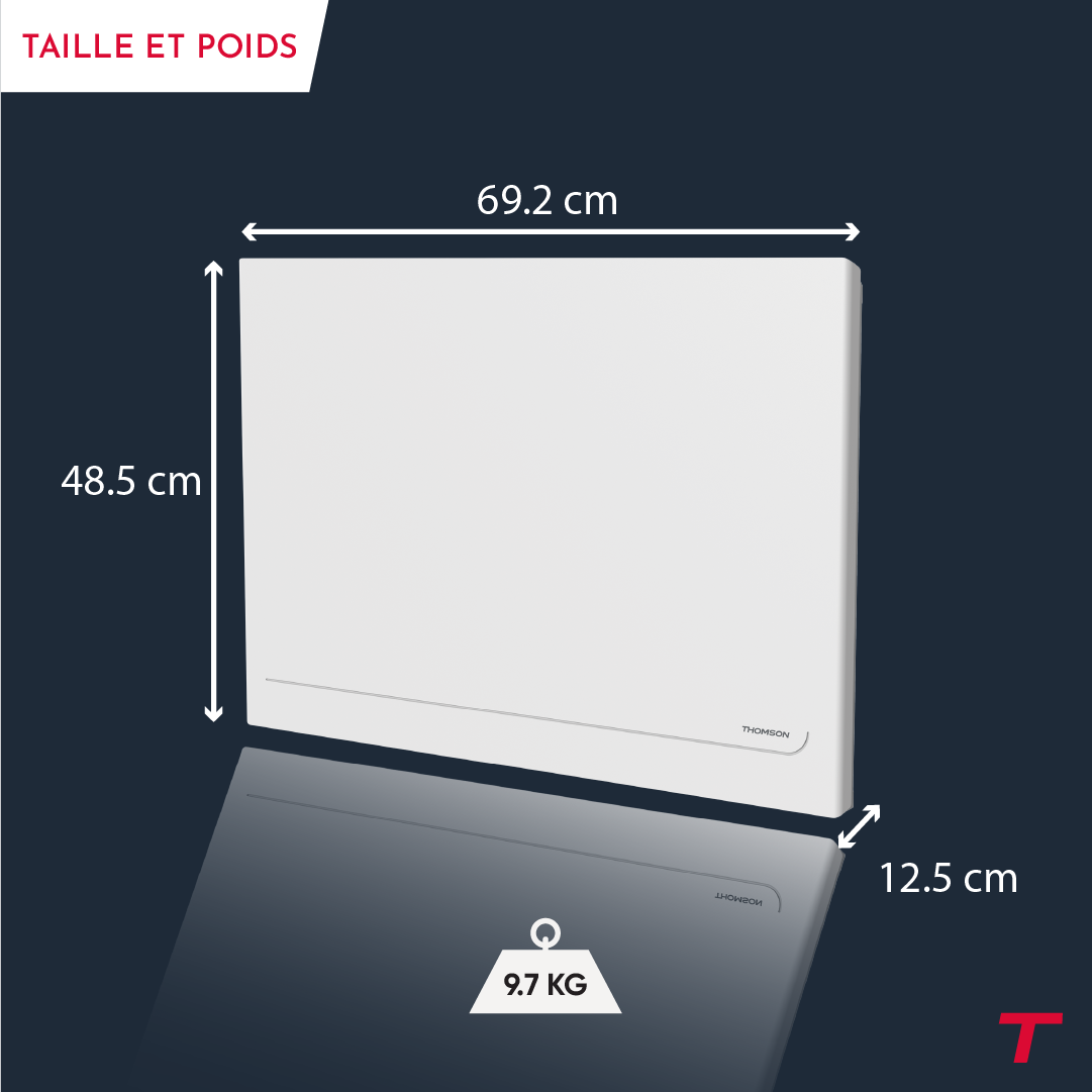 Radiateur électrique MILLA de la marque Thomson avec ses dimensions