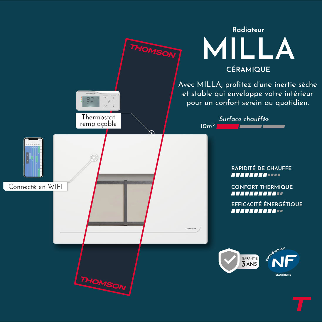 Radiateur électrique MILLA de 1000W de la marque Thomson avec un focus sur ses technologies.