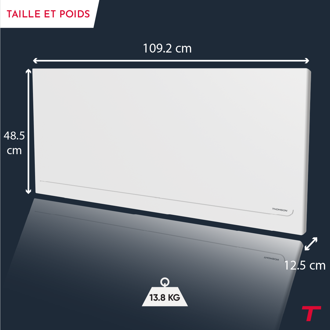 Radiateur électrique MILLA de 2000W de Thomson avec ses dimensions.
