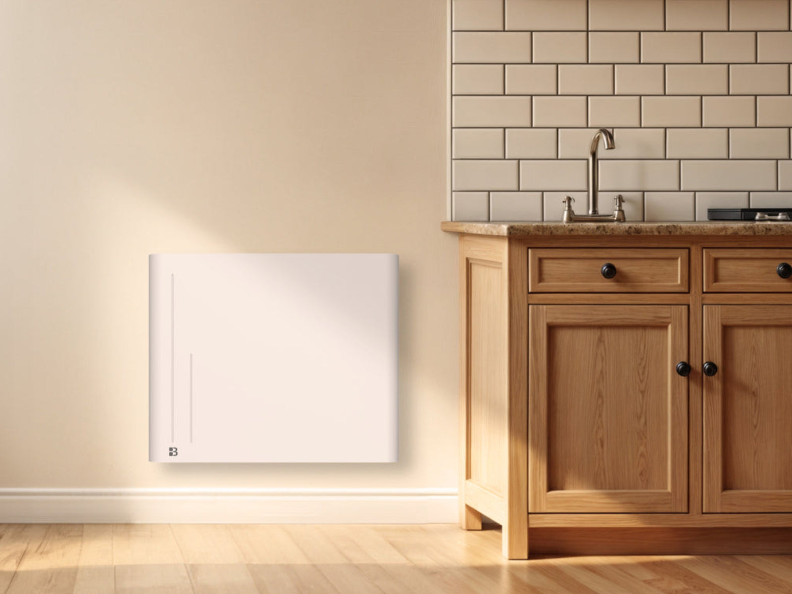 Radiateur ALBA 1000W blanc dans une cuisine fixé au mur