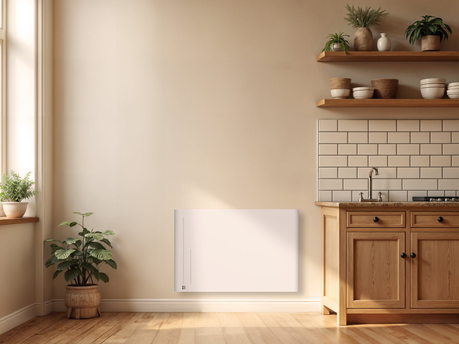 Radiateur ALBA blanc de 1500W dans une cuisine fixé au mur