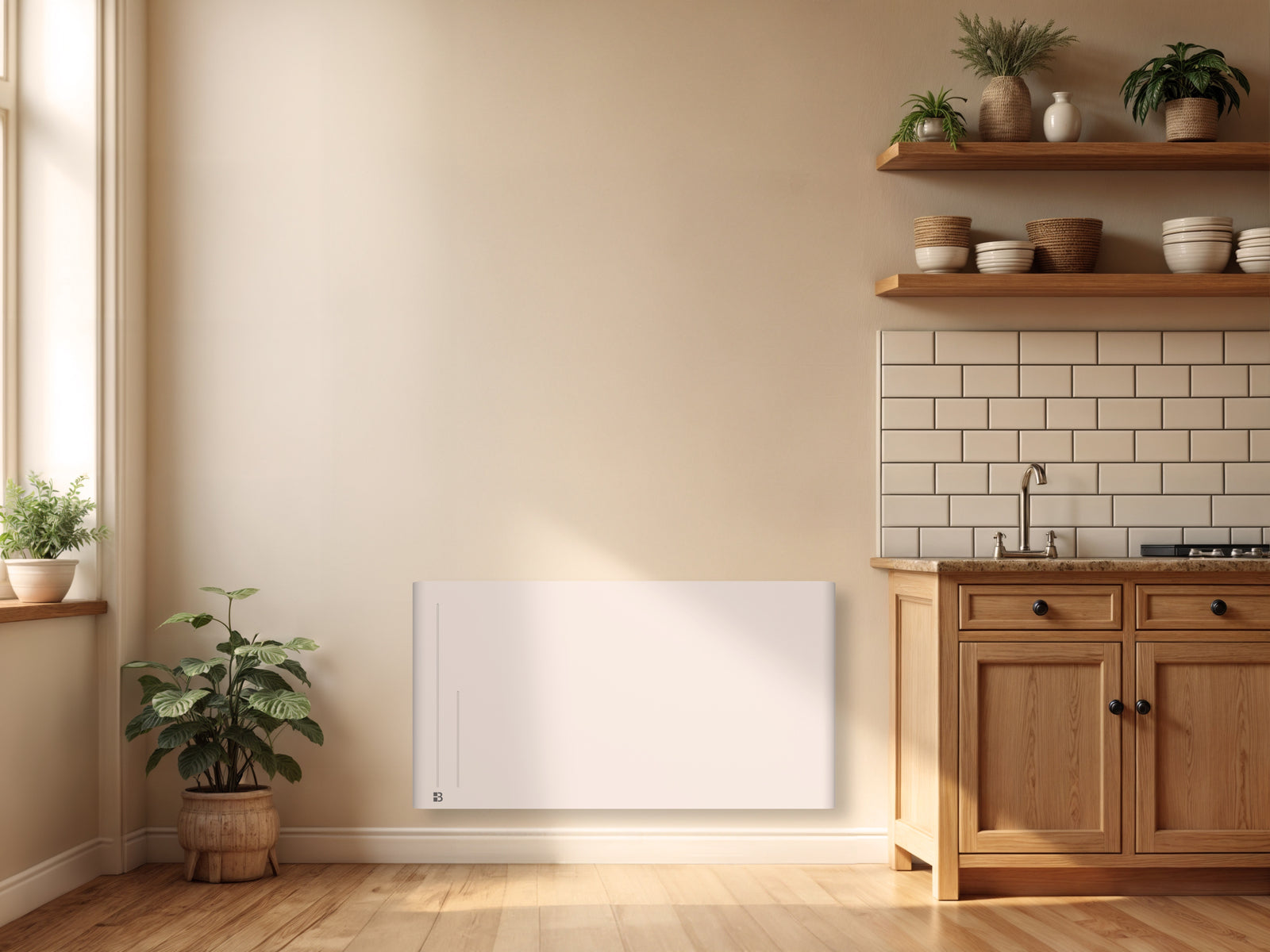 Radiateur ALBA blanc de 2000W dans une cuisine fixé au mur