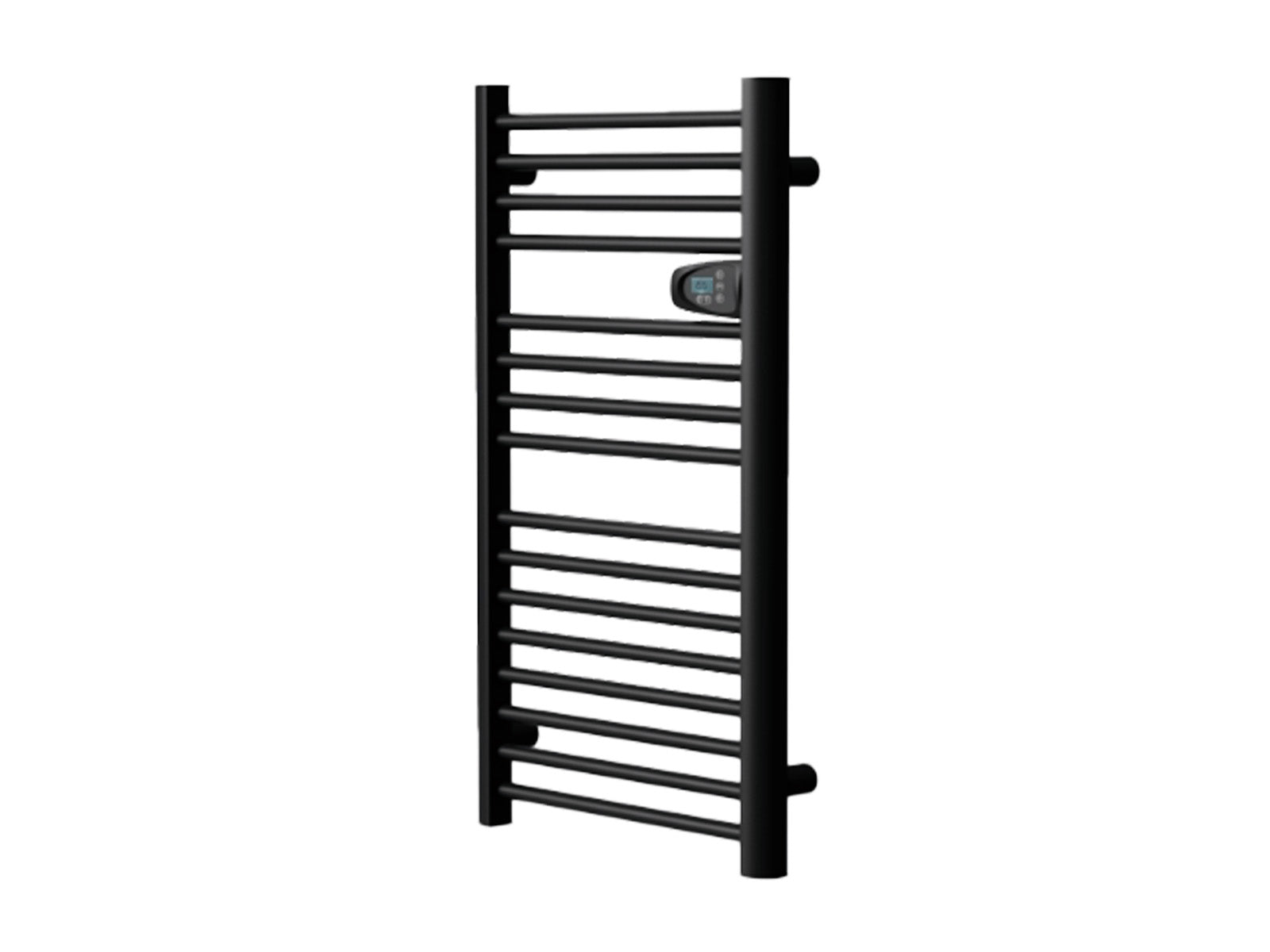 Sèche-serviettes HESTIA noir de 500W de biais sur fond blanc