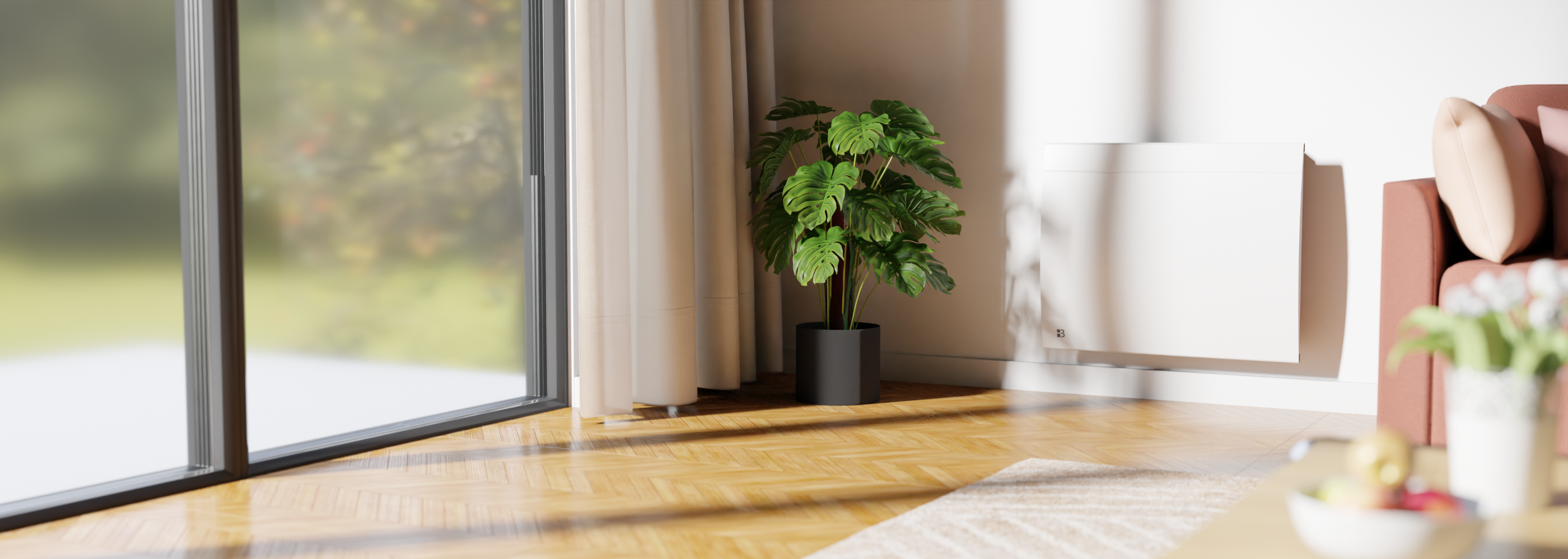 Salon clair et aéré aux tons printaniers avec radiateur discret contre le mur