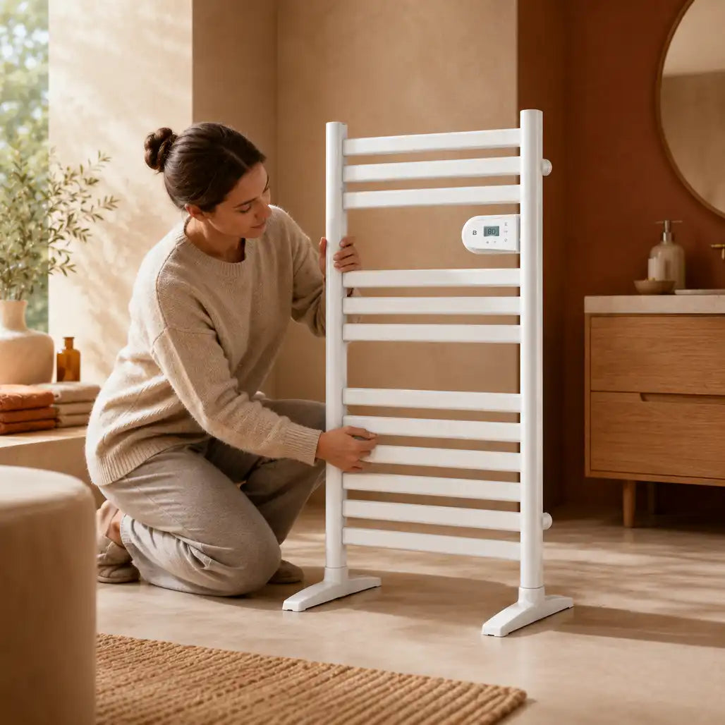 Sèche serviette sur pieds connecté SORIA dans une salle de bain moderne