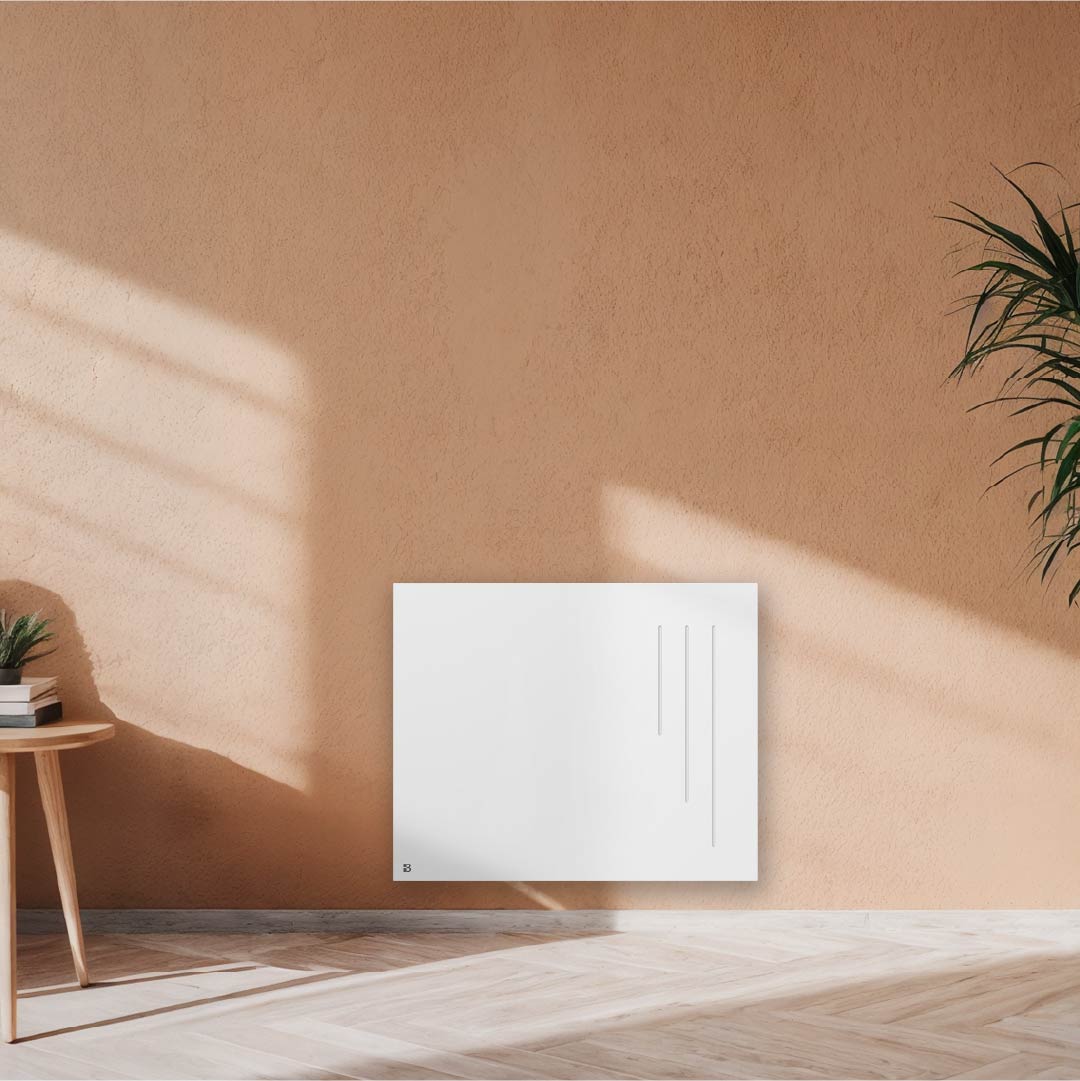 Radiateur électrique à inertie sèche céramique NF SPARK AMBIANCE Bestherm installé dans un salon moderne avec thermostat électronique programmable