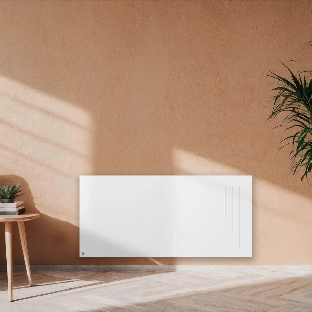 NF SPARK ceramic electric dry-inertia radiator installed in a modern living room with a programmable electronic thermostat