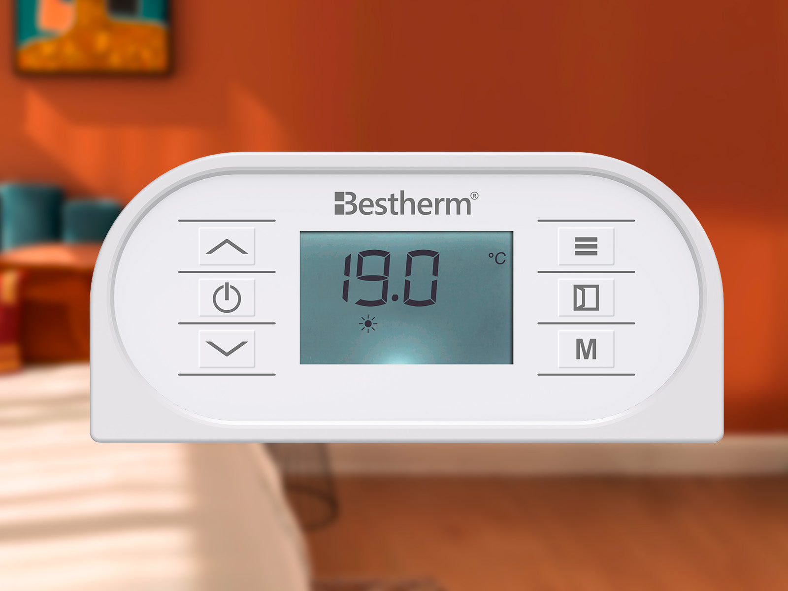 Thermostat OVEO blanc dans une image d'ambiance