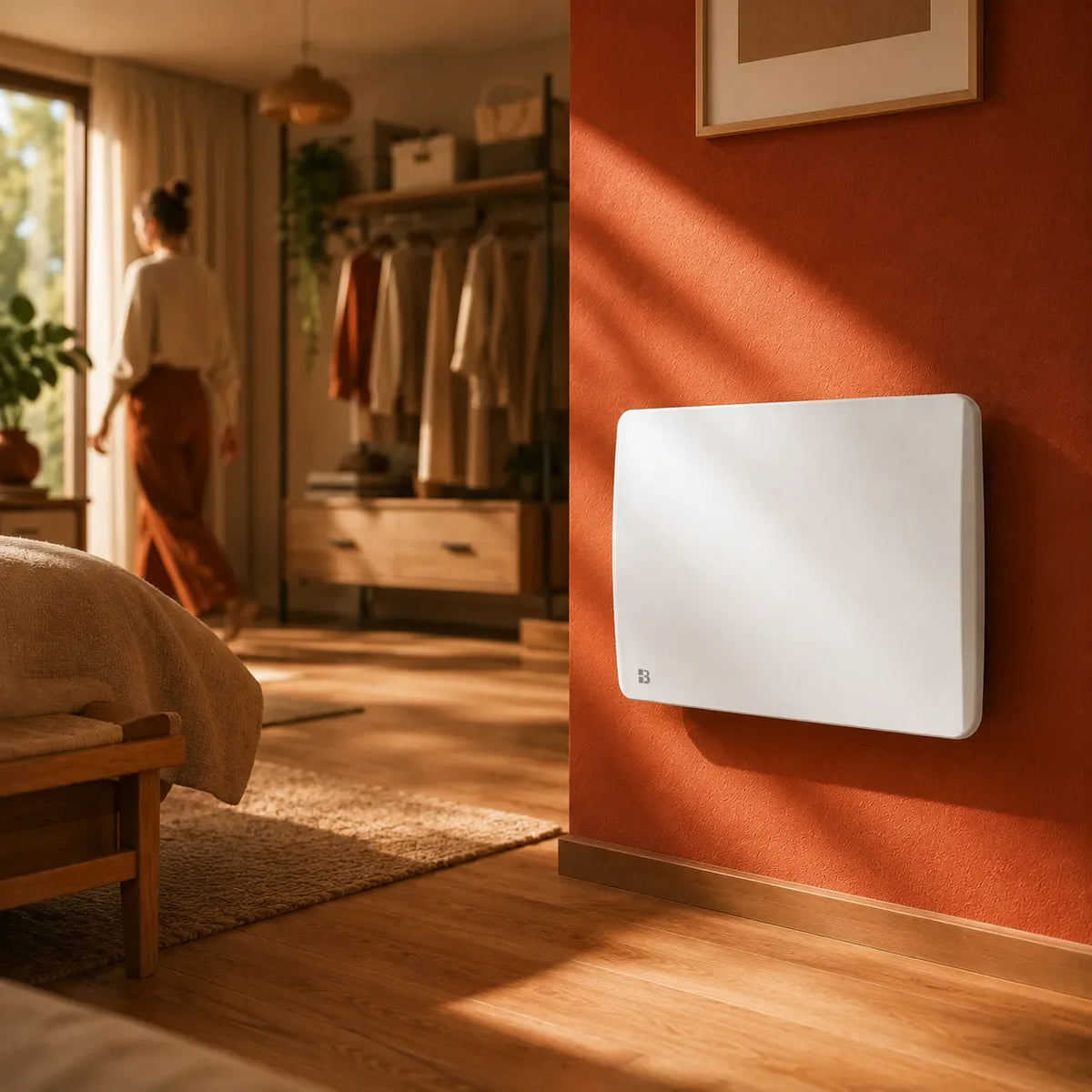 Radiateur à inertie sèche Bestherm dans une chambre moderne & chaleureuse