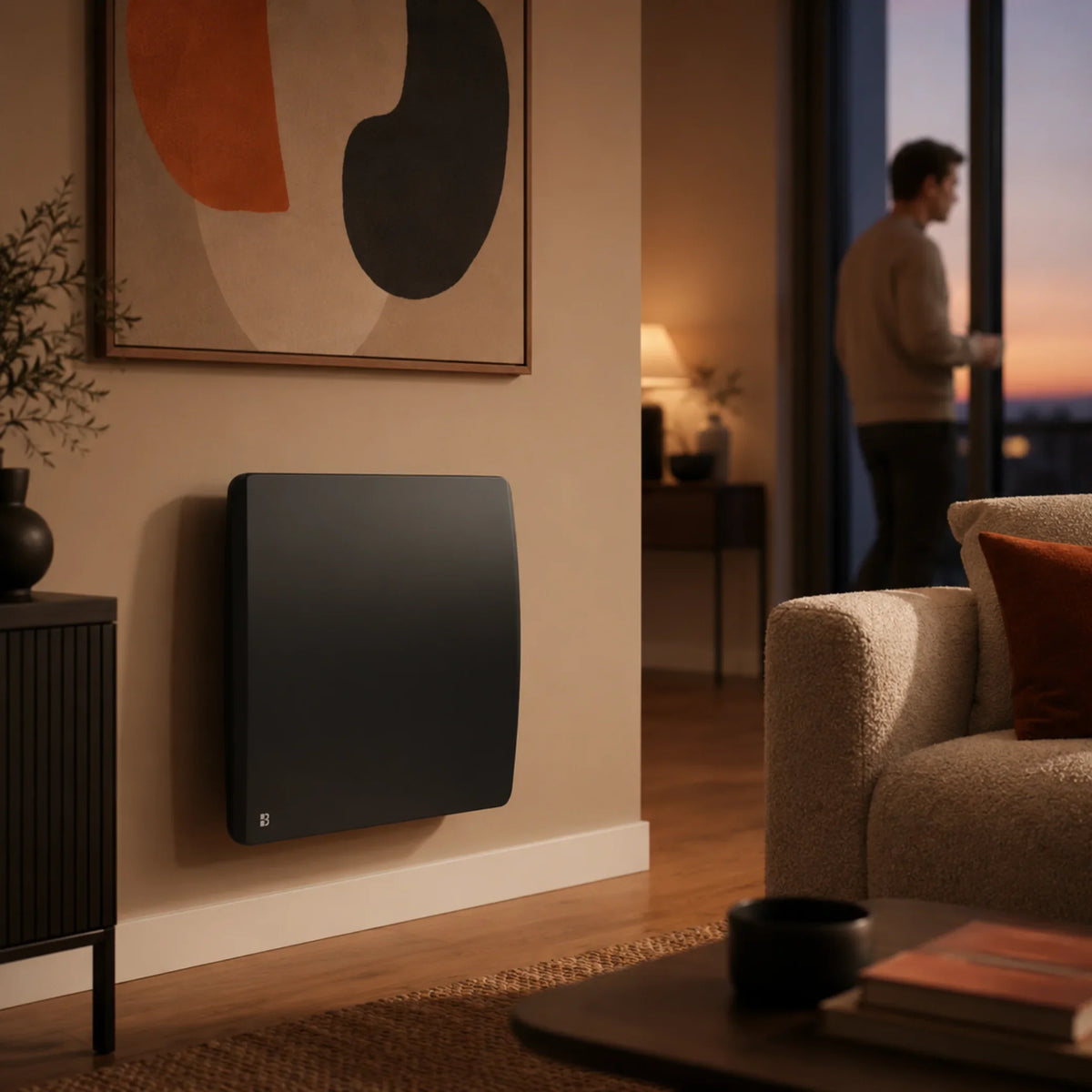 Radiateur électrique à inertie mural dans un salon moderne et chaleureux, illustrant le confort thermique et l’amélioration du DPE en 2026.