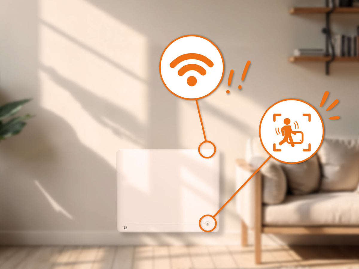 Radiateur installé dans un salon moderne, accompagné de pictogrammes indiquant la connexion Wi-Fi et la présence d’un détecteur de présence, suggérant des fonctions intelligentes de gestion du chauffage.