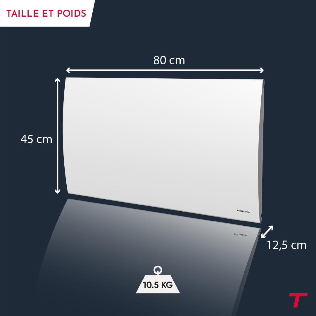 Radiateur CLEO de 1500W de la marque Thomson avec ses dimensions 