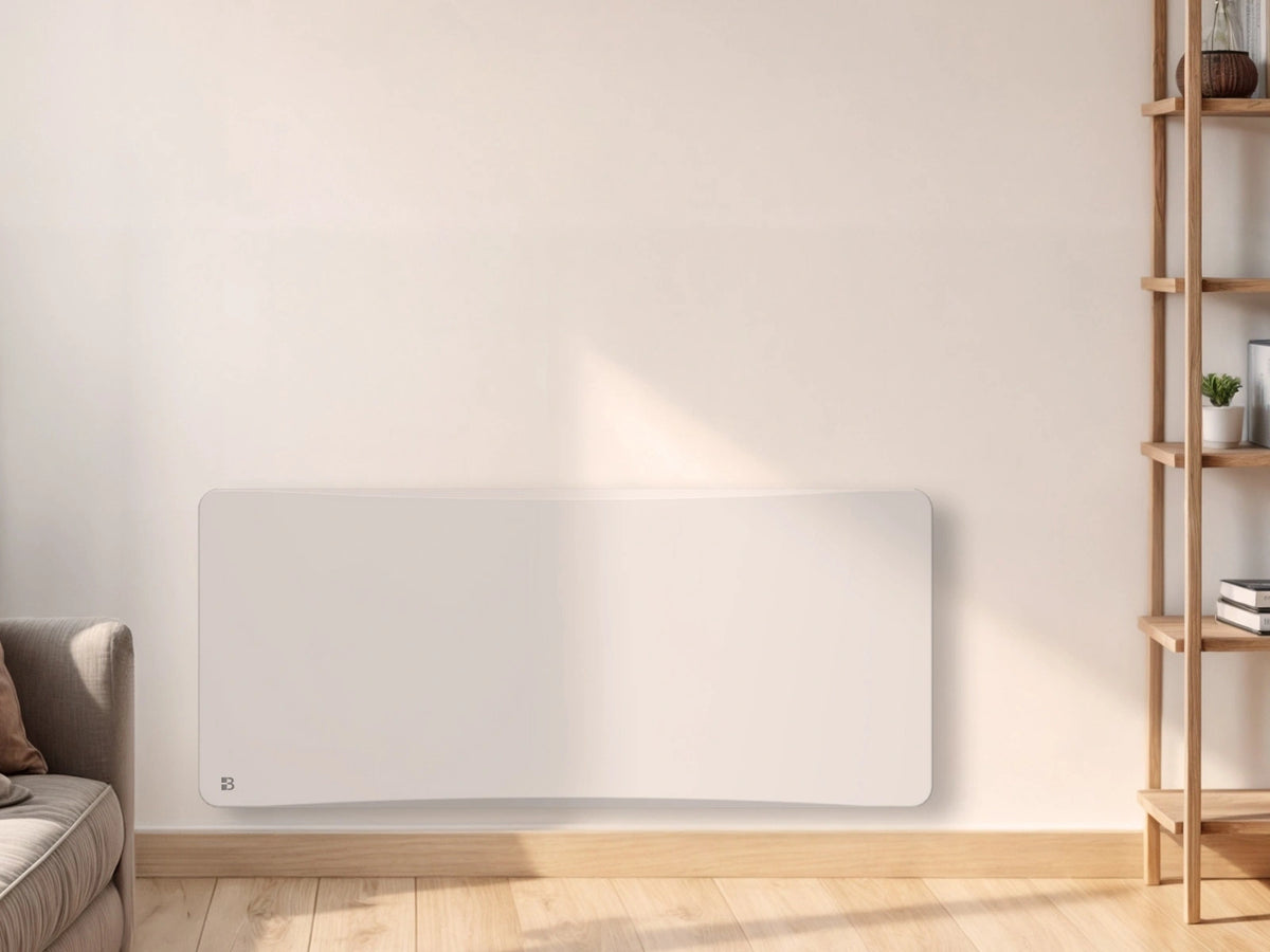 Radiateur à inertie sèche double cœur fonte + film chauffant avec thermostat interchangeable ALMEA dans un décor d'ambiance 