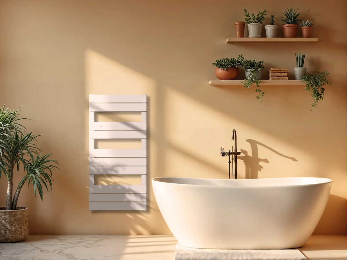 ANIS WHITE dry-inertia towel radiator in a styled bathroom