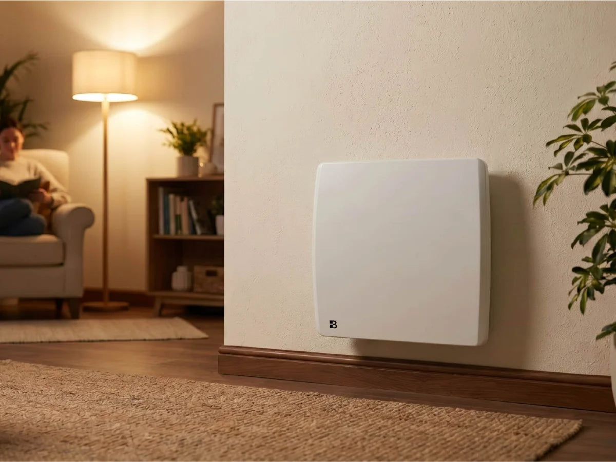 Radiateur à inertie sèche céramique ARIA BLANC dans un salon moderne et chaleureux