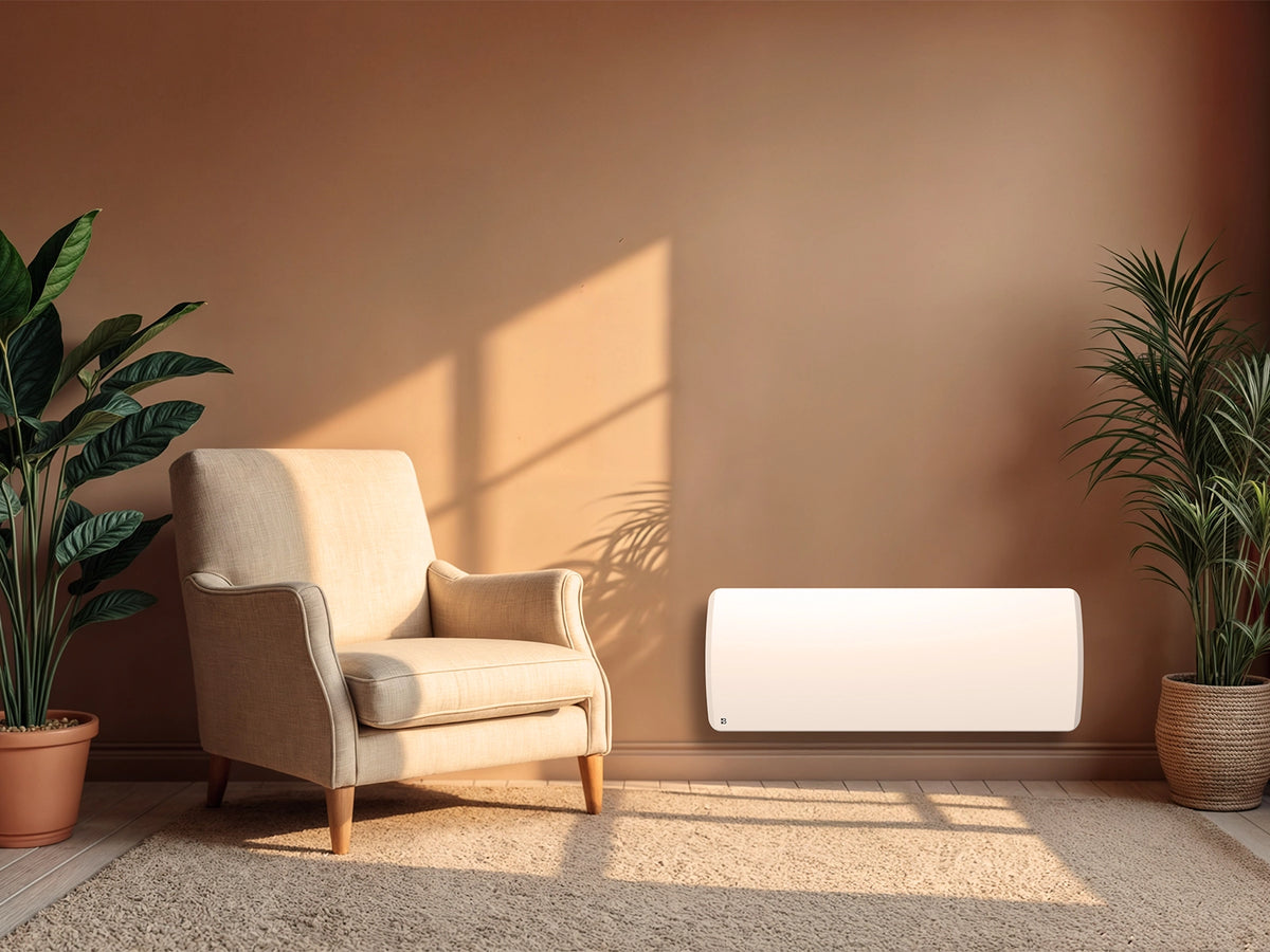 Radiateur à inertie sèche céramique ARIA PLINTHE dans un salon d'ambiance