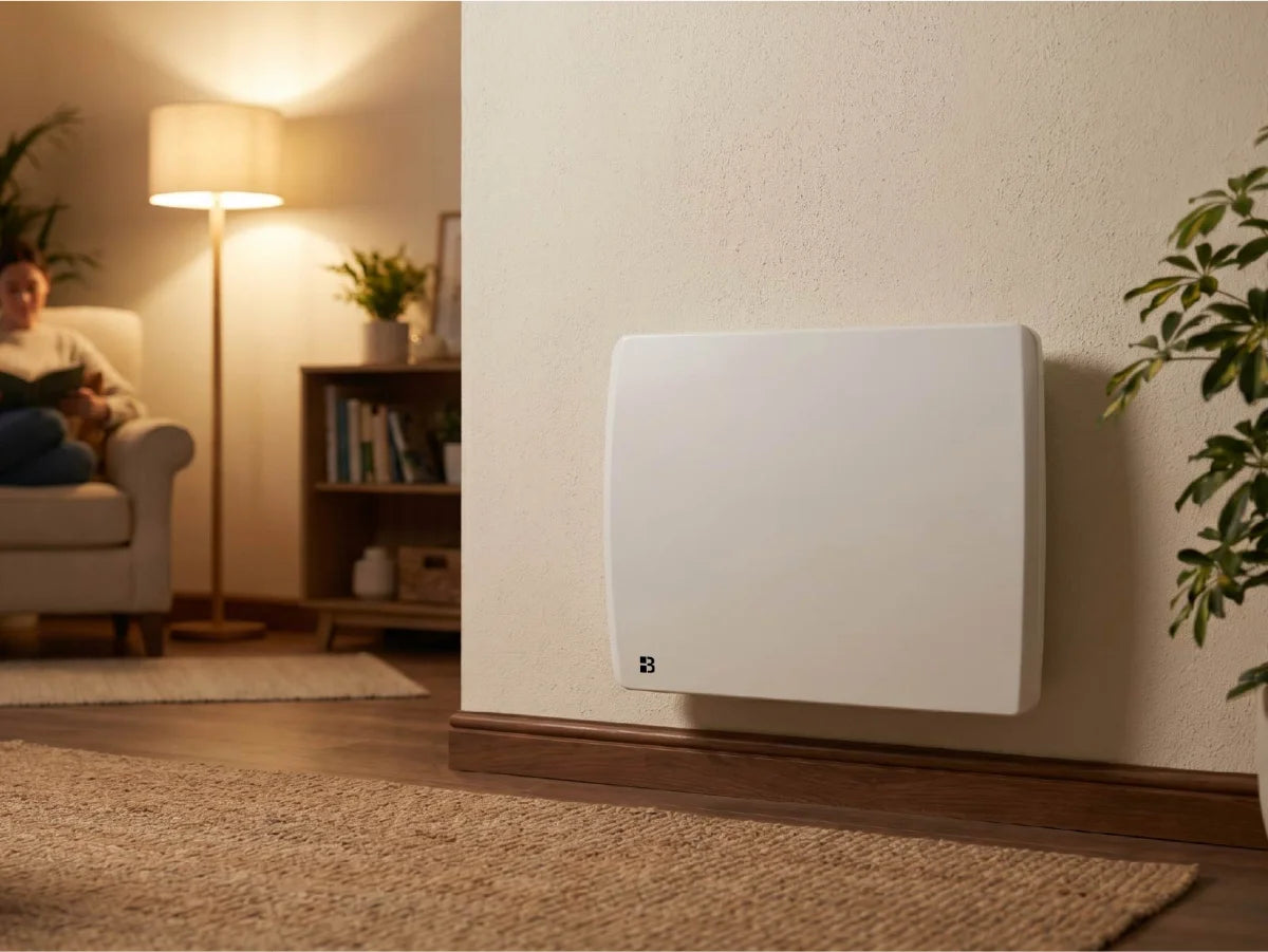 ARIA WHITE ceramic dry inertia radiator in a modern, cozy living room