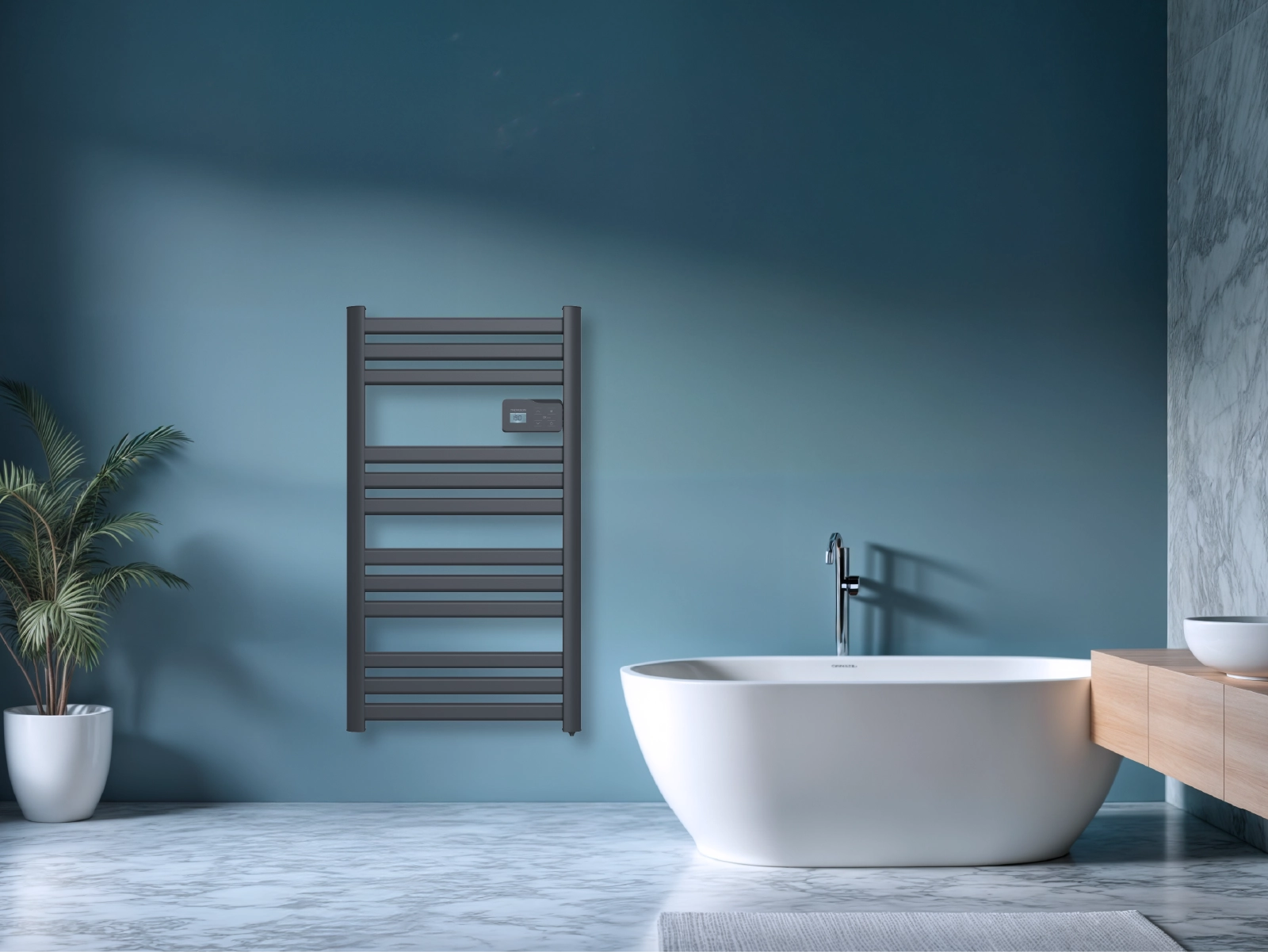Sèche-serviettes à inertie sèche connecté COSMO dans une salle de bain d'ambiance