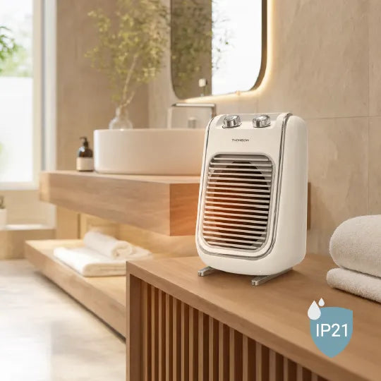 Chauffage d'appoint soufflant FIFTY blanc dans une salle de bain. Icône IP21