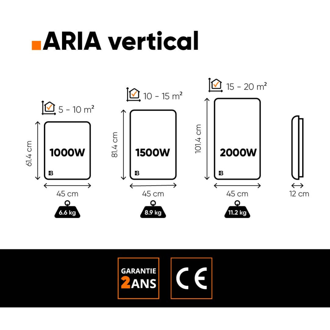 Dimensiones y peso del radiador de inercia seca cerámico ARIA VERTICAL