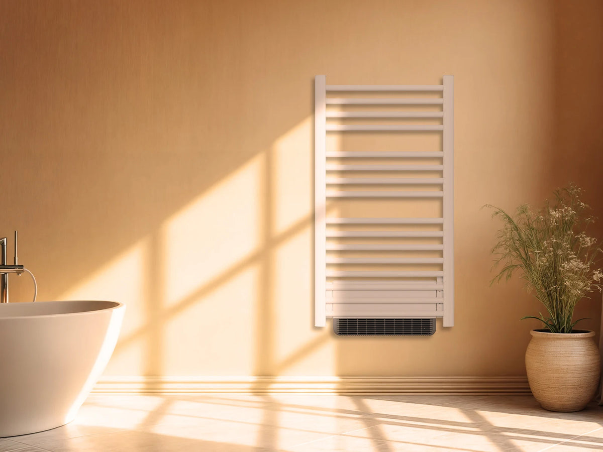 HESTIA WHITE dry-inertia heated towel rail in a staged bathroom