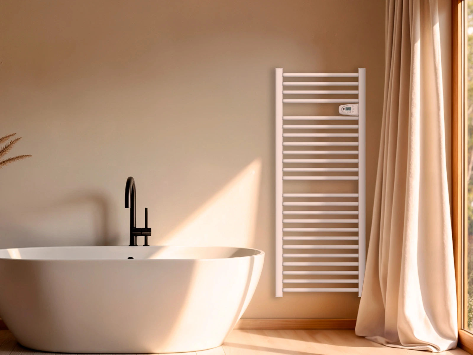 HESTIA WHITE dry-inertia heated towel rail in a staged bathroom