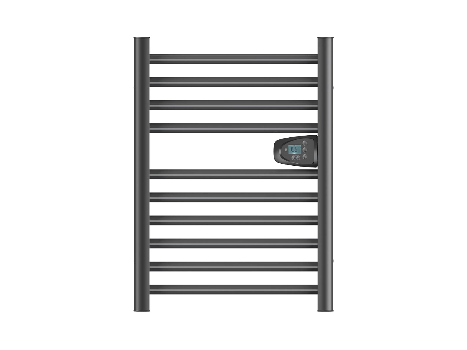 HESTIA BLACK dry-inertia heated towel rail on a white background