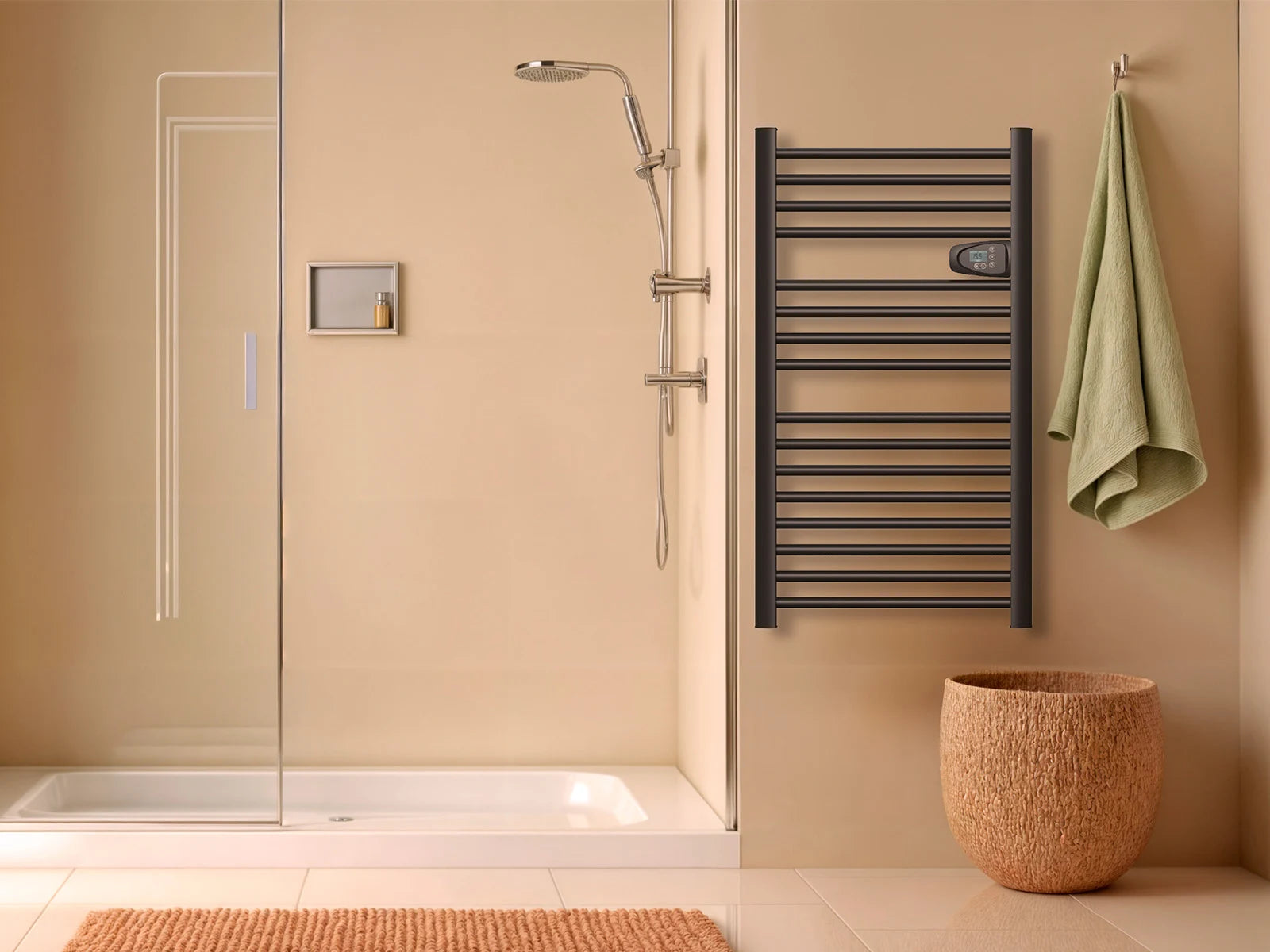 HESTIA BLACK dry-inertia heated towel rail in a staged bathroom