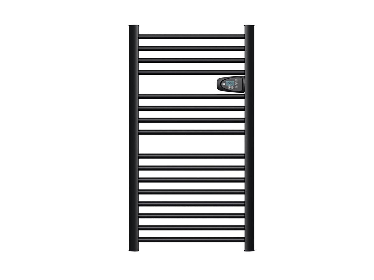 HESTIA BLACK dry-inertia heated towel rail on a white background
